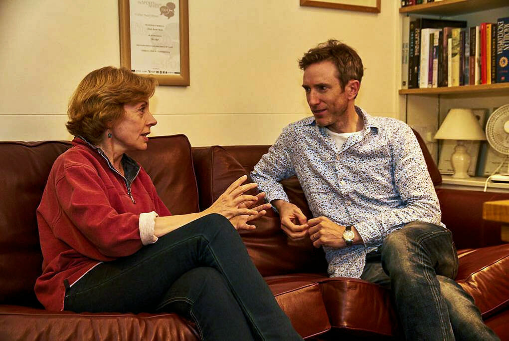 Michelle and narrator Daniel Weyman taking a break during the recording